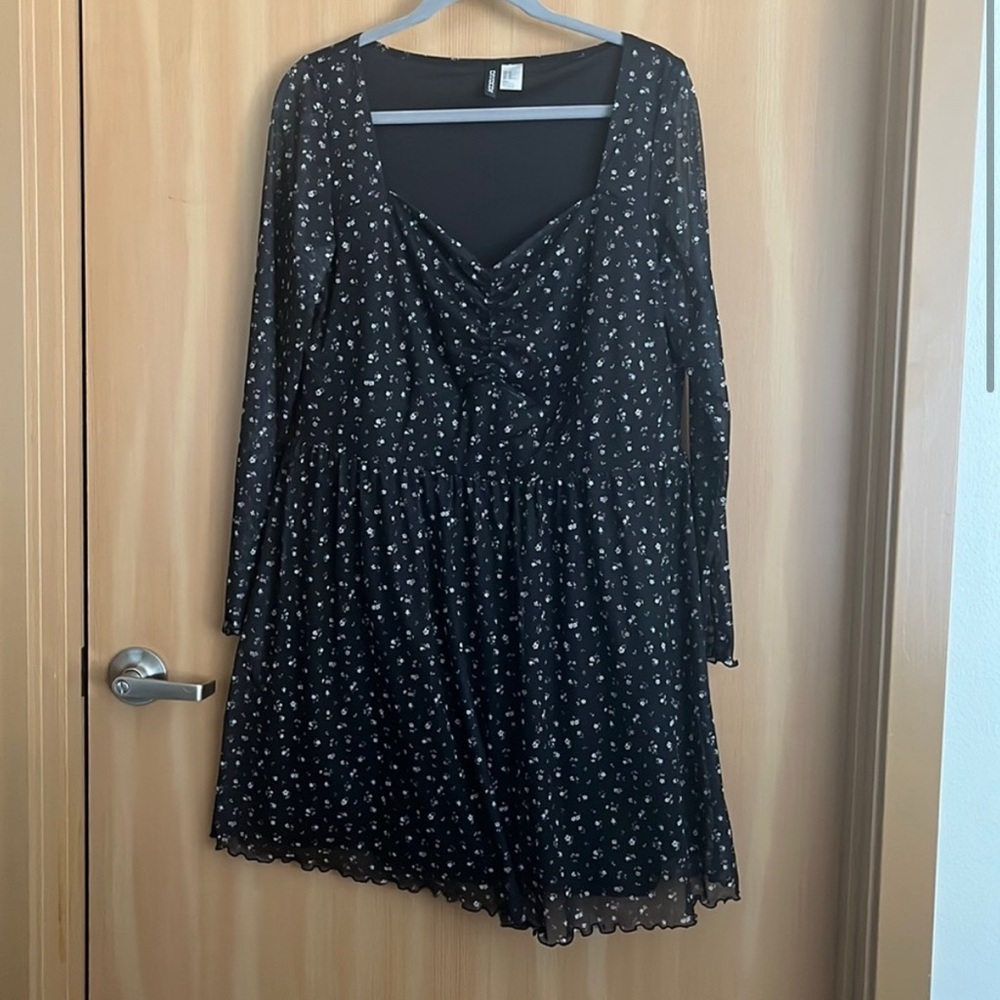 Black sheer floral babydoll dress long sleeves